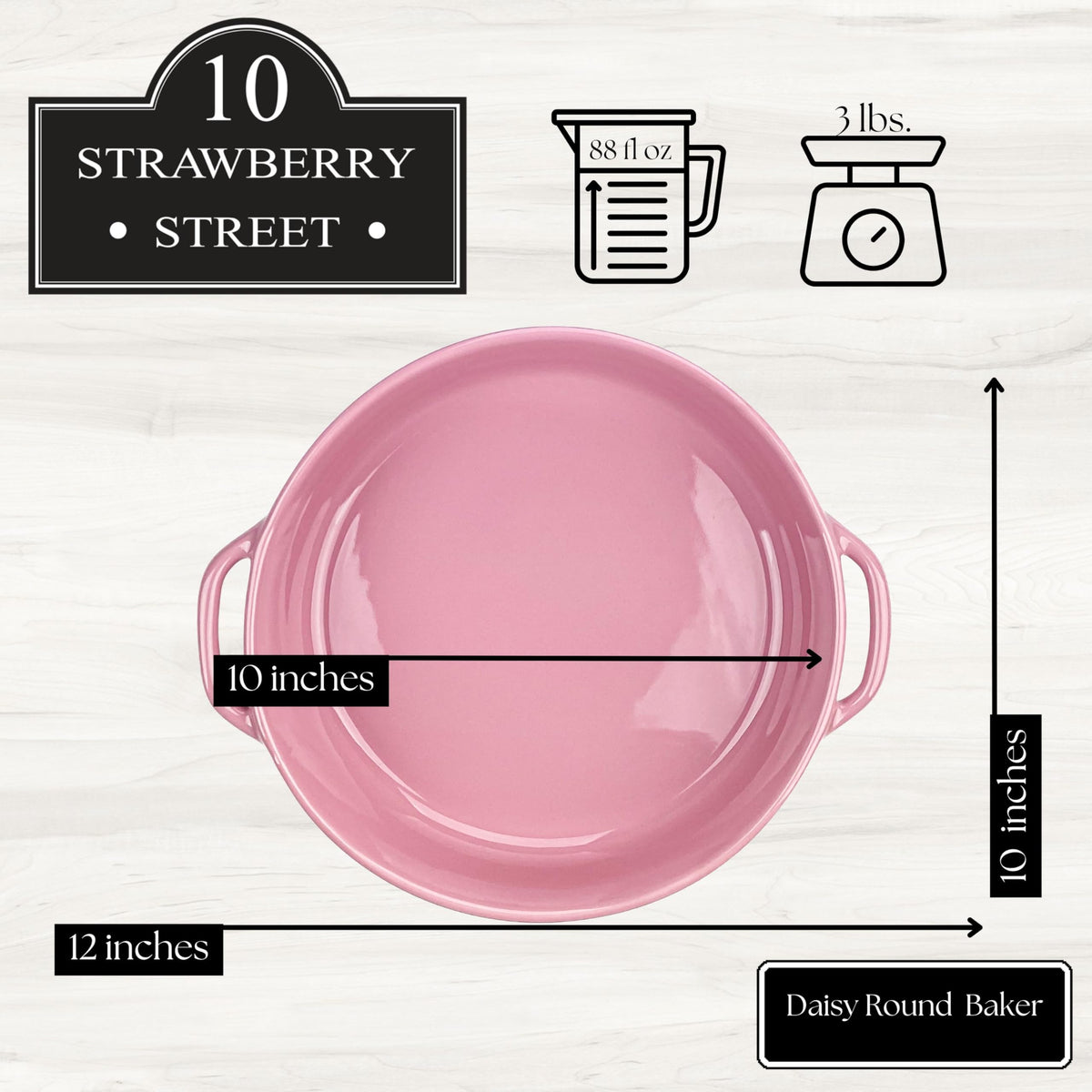 Daisy Round Baker by 10 Strawberry Street – 88 oz, 88.0 fluid_ounces, Stoneware, Pink, Model DS-PFL-40-63-004