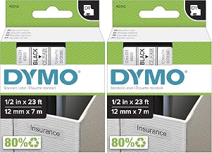 Standard D1 45010 Labeling Tape (Black Print on Clear Tape, 1/2'' W x 23' L, 1 Cartridge), DYMO Authentic (Pack of 2)