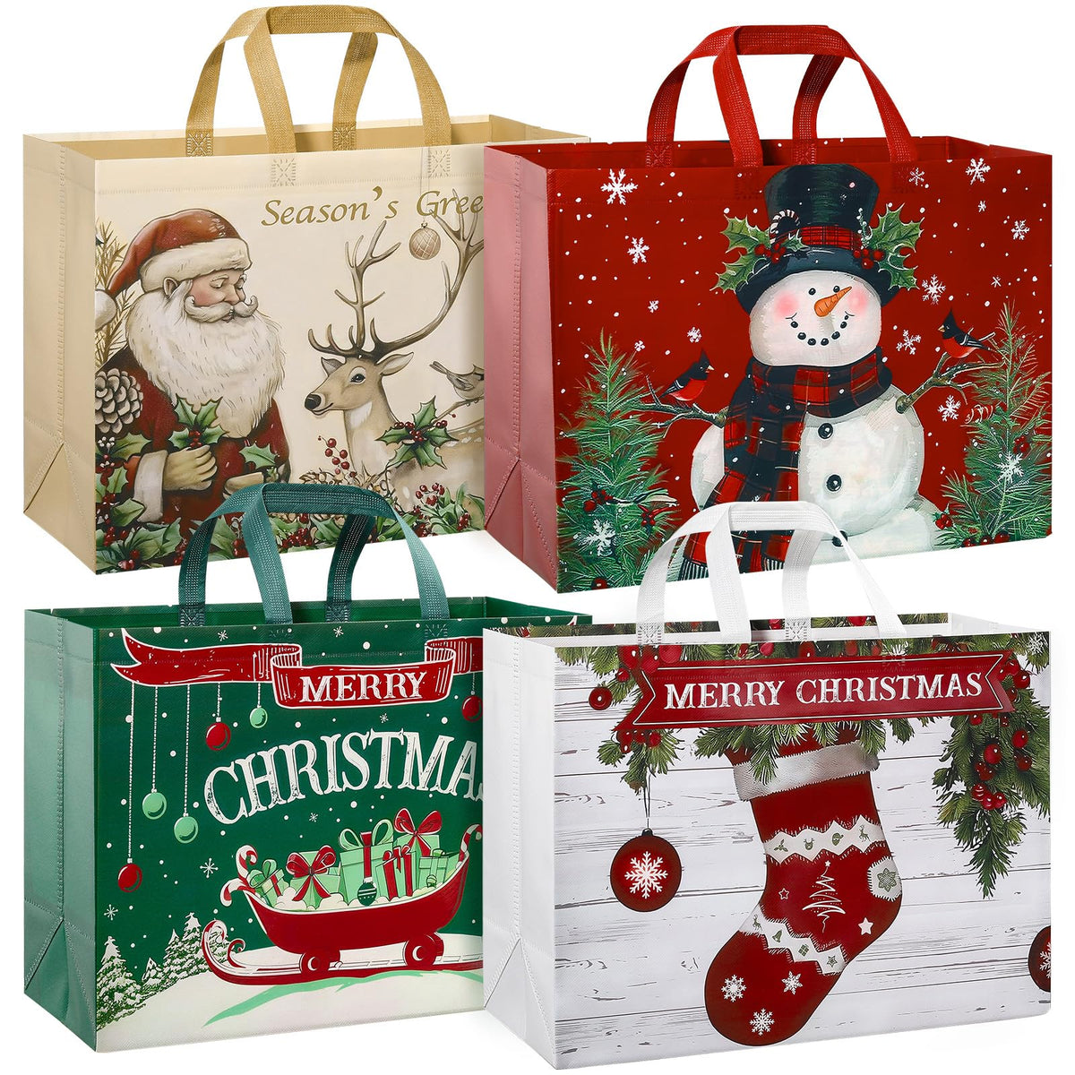 STYPOP Christmas Gift Bags, Extra Large 17 Inch Totes, Set of 12 in Red Green Brown White