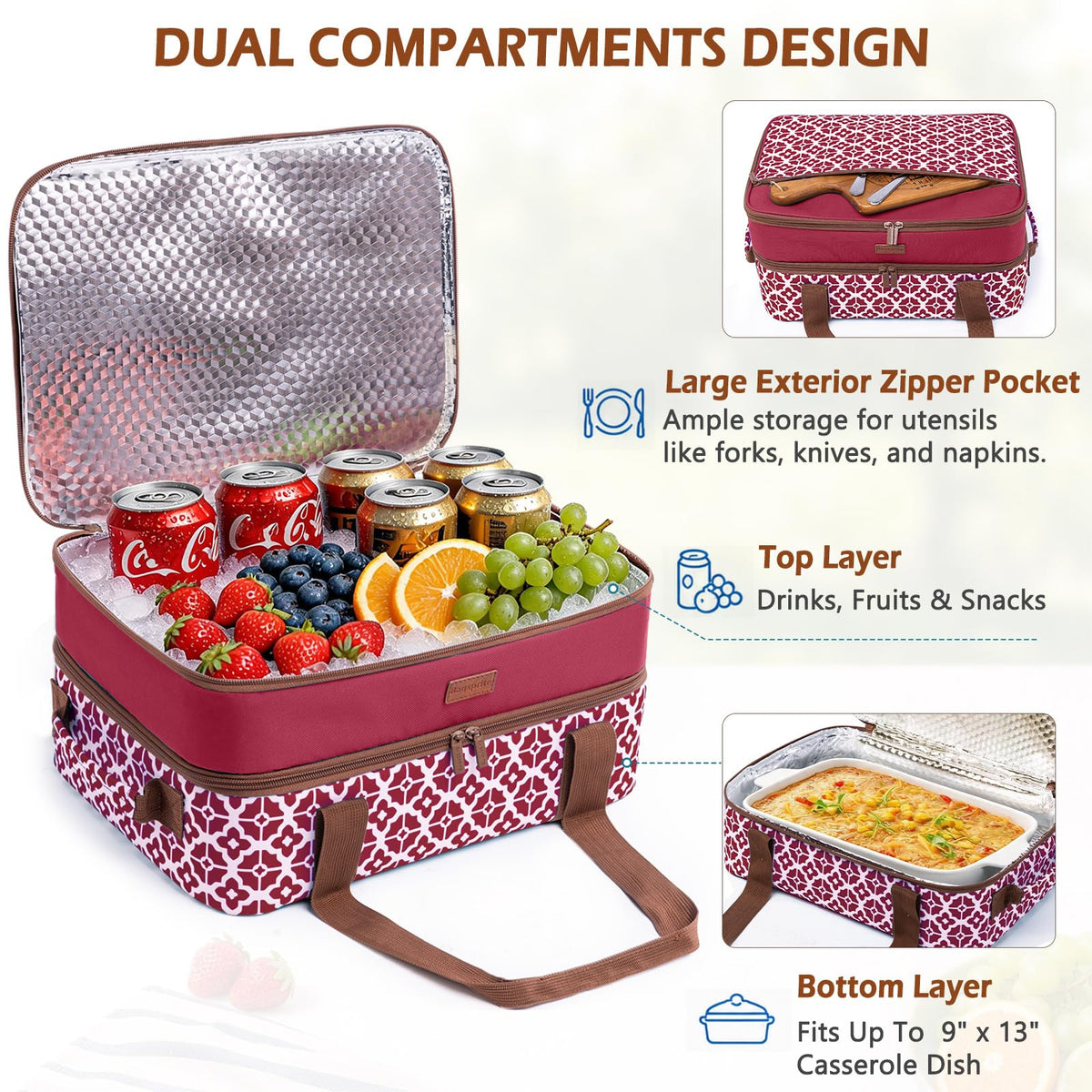 Bagsprite Double Layer Casserole Carrier, Fits 9 x 13 Inch Dishes, Cranberry