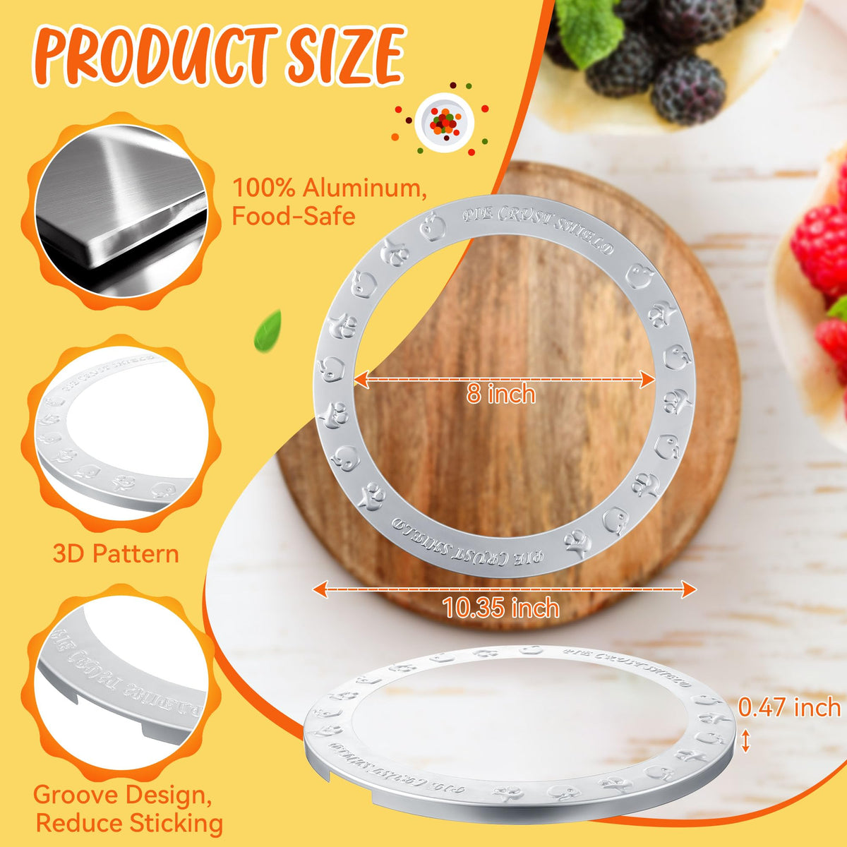 Dunkive Pie Crust Shield, Aluminum, Fits 9.5 to 10.5 Inch Plates, Silver