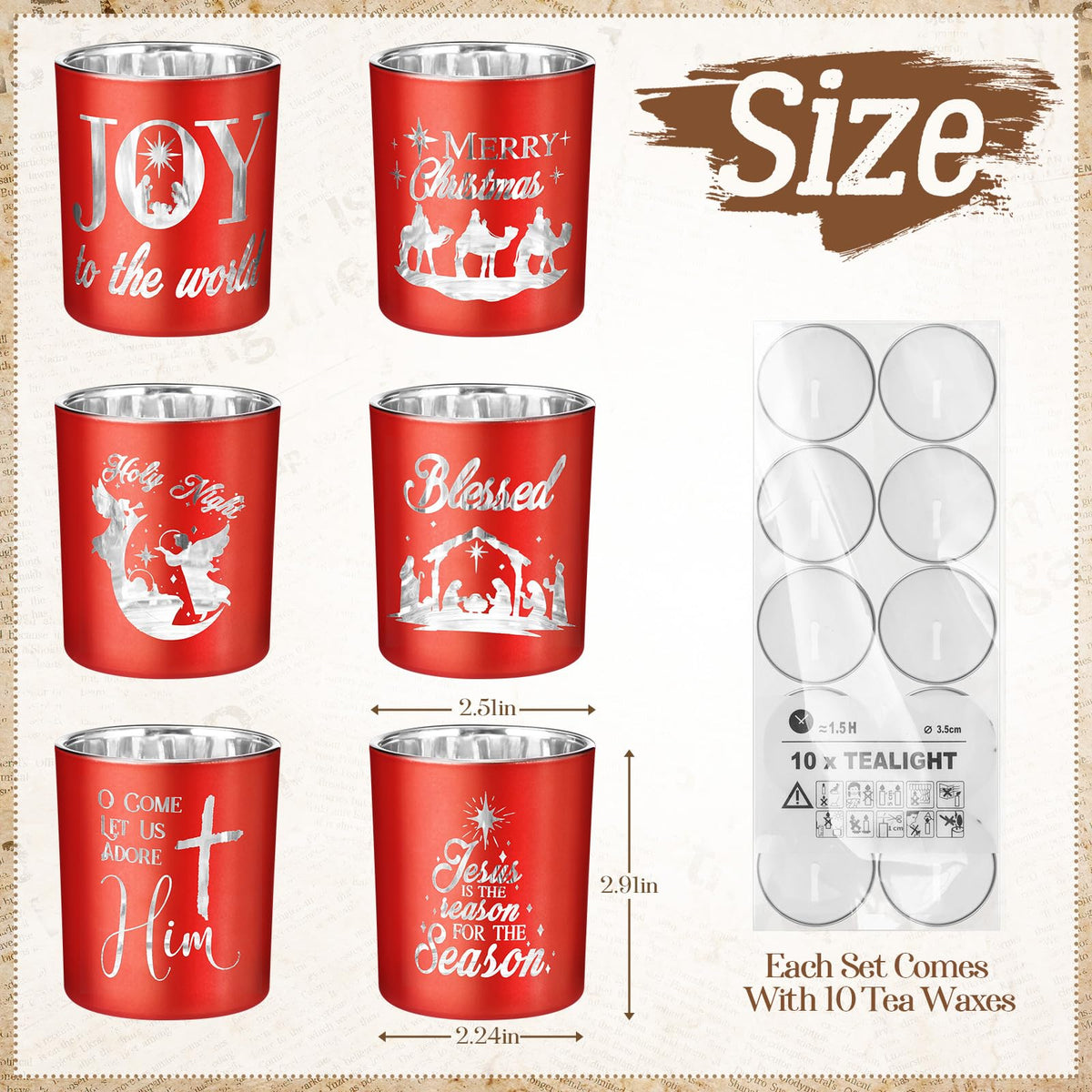 Mumufy Nativity Votive Candle Holders, Set of 6 with 10 Candles, Red Glass