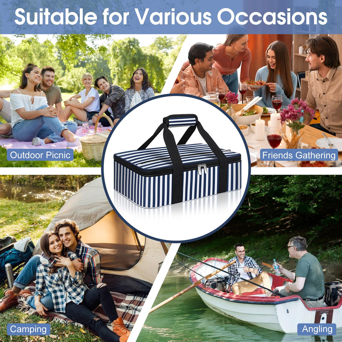 MIAOJIE Insulated Casserole Carrier, 16 x 10 x 4 Inches, Blue Stripes