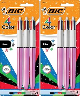 BIC 4 Color Shine Retractable Ballpoint Pen with 1.0 mm Point and Wide Barrel,in Assorted Ink,(Pack of 6)