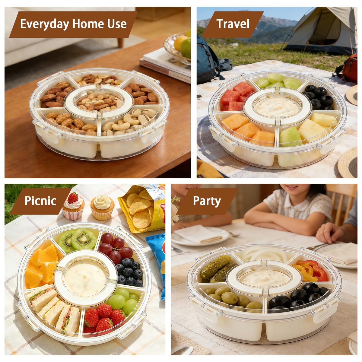 Fevbcnrj Divided Relish Tray with Lid, 10.6 Inch, White