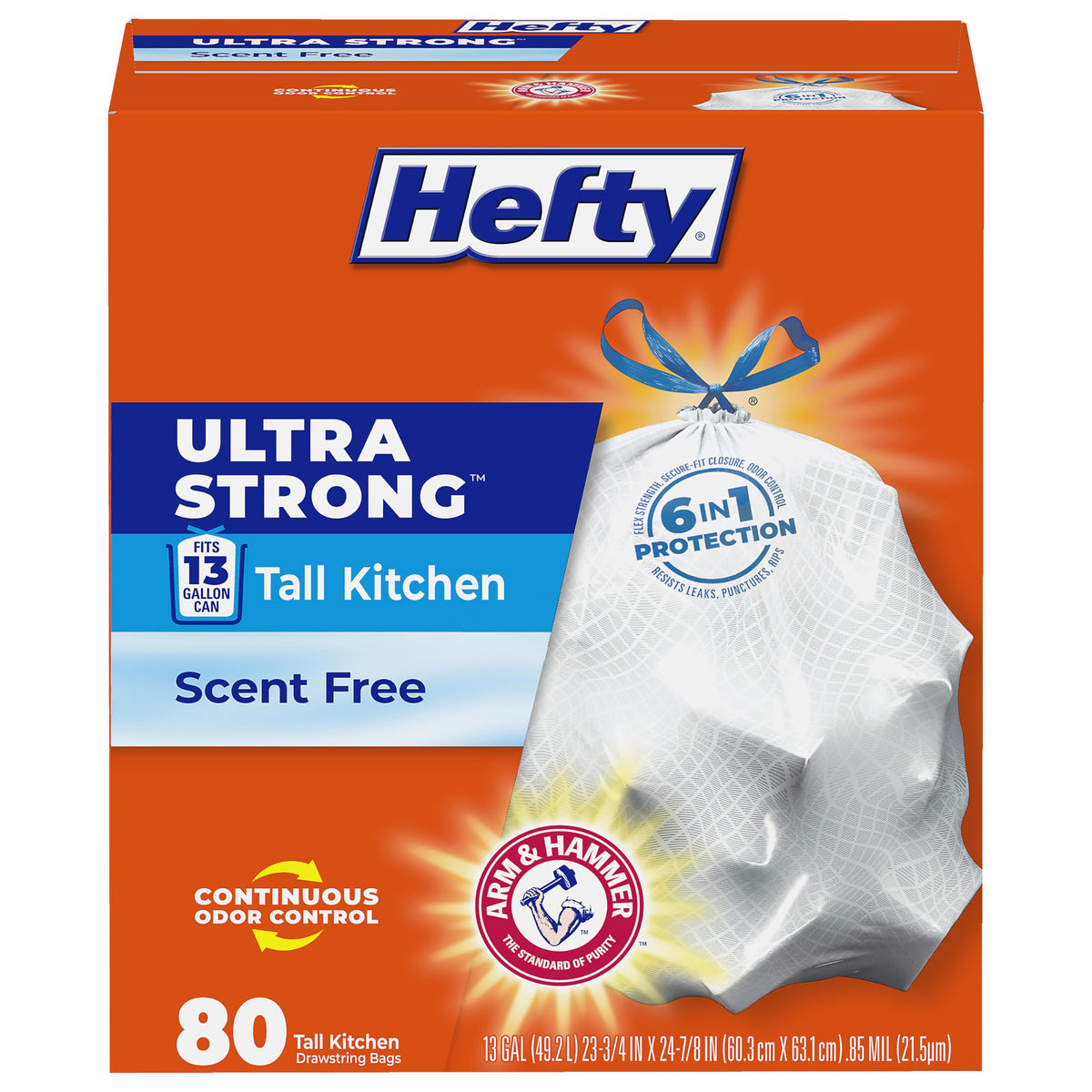 Ultra Strong 13 Gal Kitchen Trash Bags by Hefty – 80 Count (Pack of 1), 49.2 liters, PE, White, Model 10013700016698