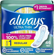 Always Ultra Thin Feminine Pads with Wings for Women, Size 1, Regular Absorbency, Unscented, Up to 100% Leak-Free Protection, 46 Count