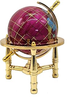 Unique Art 6-Inch Tall Pink Rubilite Pearl Swirl Ocean Mini Table Top Gemstone World Globe with Gold Tripod