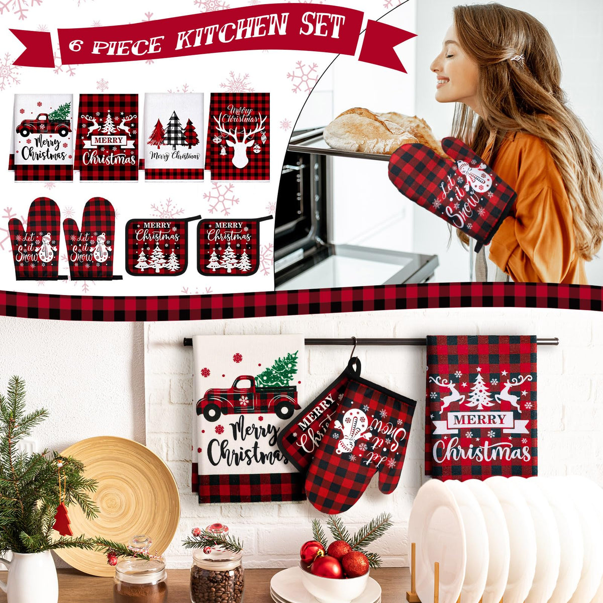 Bencailor Christmas Kitchen Linen Set, Red Truck Buffalo Plaid, 8 Pieces
