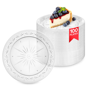100 Count Premium Clear Plastic Plates 7" Inch Small Appetizer by Stock Your Home – 7 Inch, Plastic, Clear, Pack of 100, Model SYH-3692-QV-4CT