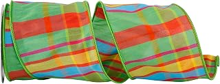 Reliant Ribbon Citrus Life Plaid Wired Edge Ribbon, 4 Inch X 10 Yards, Green