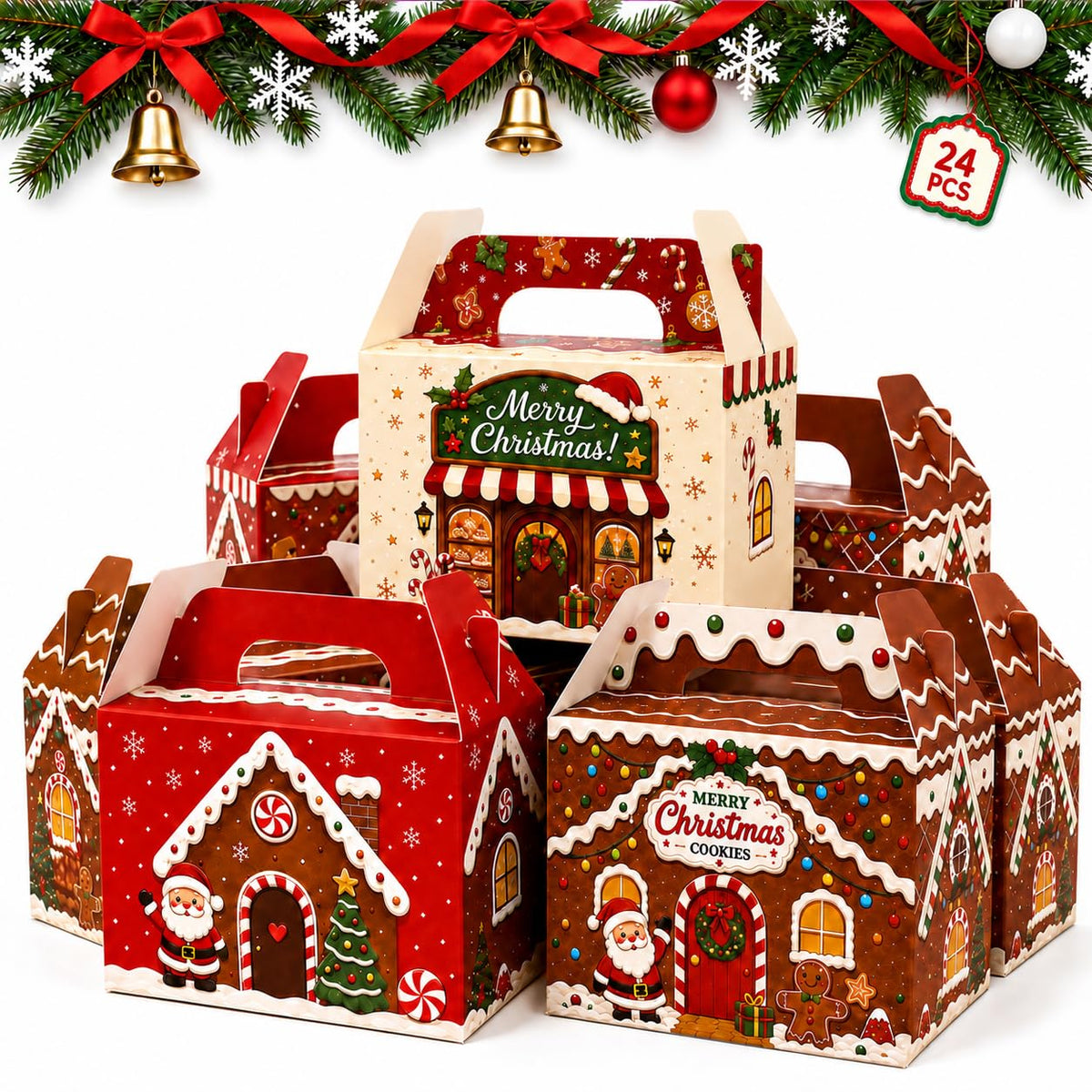 AstraVox Christmas Cookie Gift Boxes, 24 Pack with Handles, Multicolor