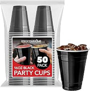 Stock Your Home Black Plastic Cups Disposable, 16oz (50 Count) Heavy-Duty, Large Party Cup Pack Bulk Pack for Drinking Punch, Soda, Wine, Beer, 4th of July, Halloween