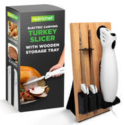 NutriChef Electric Carving Knife Set, Stainless Steel Blades, White with Wood Stand