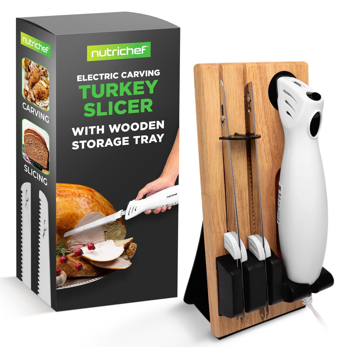 NutriChef Electric Carving Knife Set, Stainless Steel Blades, White with Wood Stand