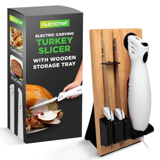 NutriChef Electric Carving Knife Set, Stainless Steel Blades, White with Wood Stand
