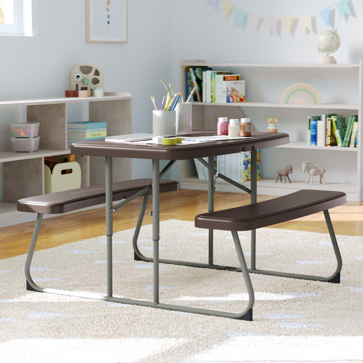 Kids Commercial Grade Plastic Folding Picnic Table by Flash Furniture – Set of 1, Plastic, Steel, Plastic: Polyethylene, Brown, Model RB-EBB-2432FD2-BR-GG