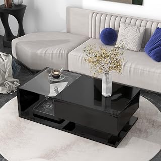 Coffee Tables for Living Room, Coffee Table, Mesa de Centro - Modern 2 | Modern coffee table with tempered glass top and high-gloss UV surface. Features a spacious drawer and open shelf for sto