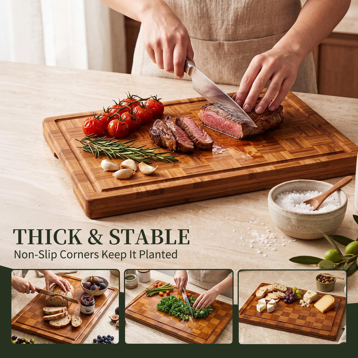 Kikcoin Bamboo Cutting Board Set, 3 Sizes with Rack, Natural Wood