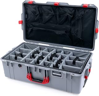 Silver Pelican 1615 Air case with Red Handles & latches. Comes with Grey Padded dividers & lid Organizer.