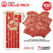 2 oz Paper Popcorn Bags Bulk (100 Pack) Large Kraft & Red Pop-corn Bag Disposable for Carnival Themed Party by Stock Your Home – 100 Count, 2.0 ounces, Plastic, Kraft & Red