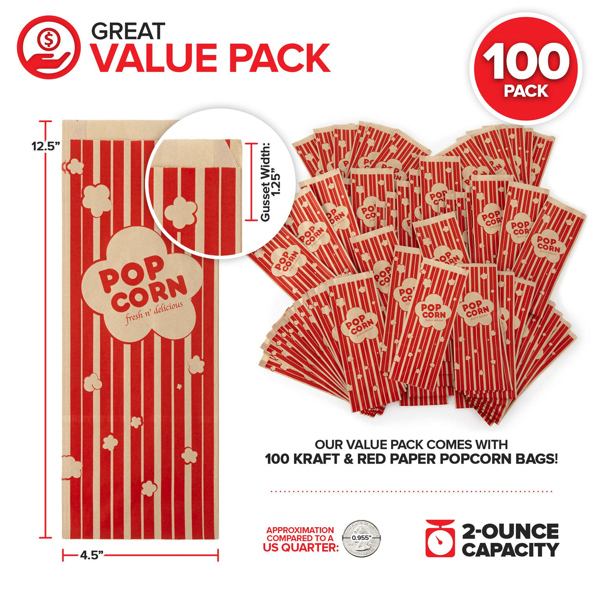 2 oz Paper Popcorn Bags Bulk (100 Pack) Large Kraft & Red Pop-corn Bag Disposable for Carnival Themed Party by Stock Your Home – 100 Count, 2.0 ounces, Plastic, Kraft & Red