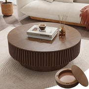 39.37'' Walnut Round Coffee Table with Storage, Modern Fluted Circle Coffee Table Unique Drum Low Center Tea Table with Solid Wood Veneered for Living Room Small Space, Mesas De Centro para Sala
