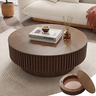 39.37'' Walnut Round Coffee Table with Storage, Modern Fluted Circle Coffee Table Unique Drum Low Center Tea Table with Solid Wood Veneered for Living Room Small Space, Mesas De Centro para Sala