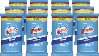 SC Johnson Windex Glass and Surface Wet Wipe, Cloth, 7" x 8", Unscented, White, 38 Count, 12 Pack