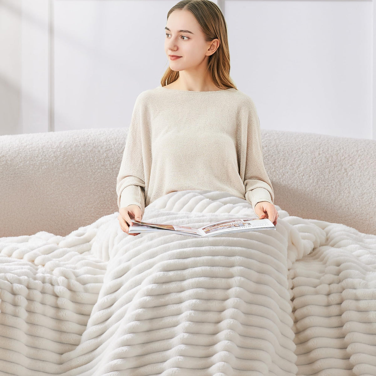 Bedelite Fleece Throw Blanket, Ribbed Texture, Cream Throw 50x60