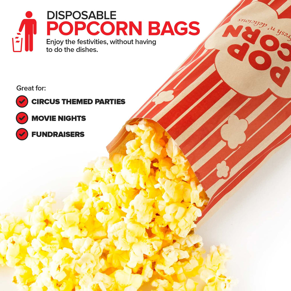 2 oz Paper Popcorn Bags Bulk (100 Pack) Large Kraft & Red Pop-corn Bag Disposable for Carnival Themed Party by Stock Your Home – 100 Count, 2.0 ounces, Plastic, Kraft & Red