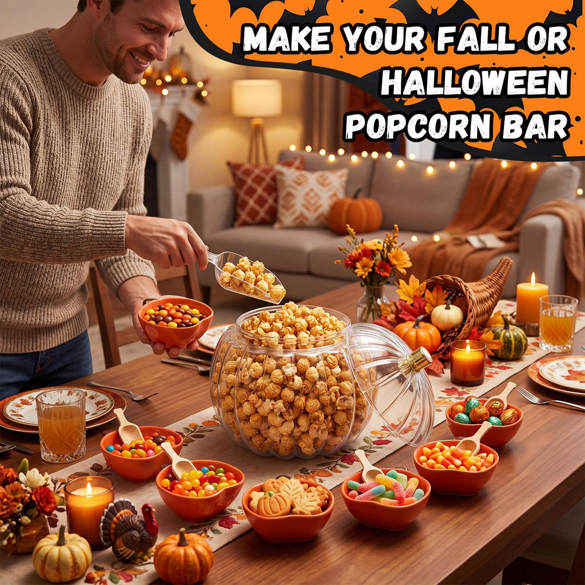 Potchen Pumpkin Ceramic Candy Jar Set, 14 Piece Halloween Serving Kit, Orange