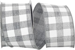Reliant Ribbon Gingham Print Linen Wired Edge Rd Ribbon, 2-1/2 Inch X 10 Yards, Grey