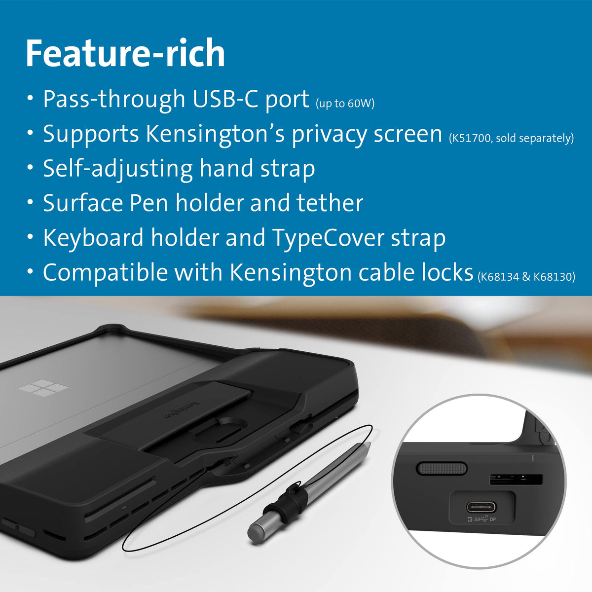 Blackbelt Rugged Case with Integrated Smart Card Reader (CAC) for Surface Pro 8 () by Kensington – Polycarbonate, Black, Model K97620WW