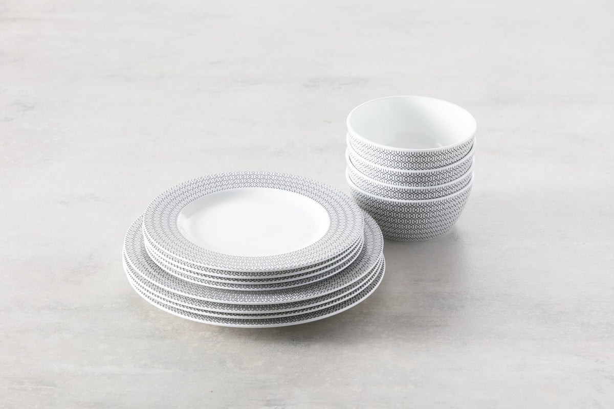 Ornament Bone China by Fortessa – 12 Piece Dinnerware Set (Service for 4), Bone China, Black, Model 12PPS-FBC-ORNAB