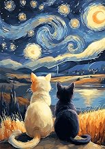 1000 Piece Starry Night Two Cats Lakeside Jigsaw Puzzle for Adults | 20"x28", Letter On the Back, 1:1 Reference Poster, HD Vivid Printing, Missing Pieces Support, Challenging Family Activity