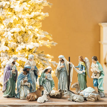 Glitzhome Nativity Figurine Collection, 12 Piece Set, Blue