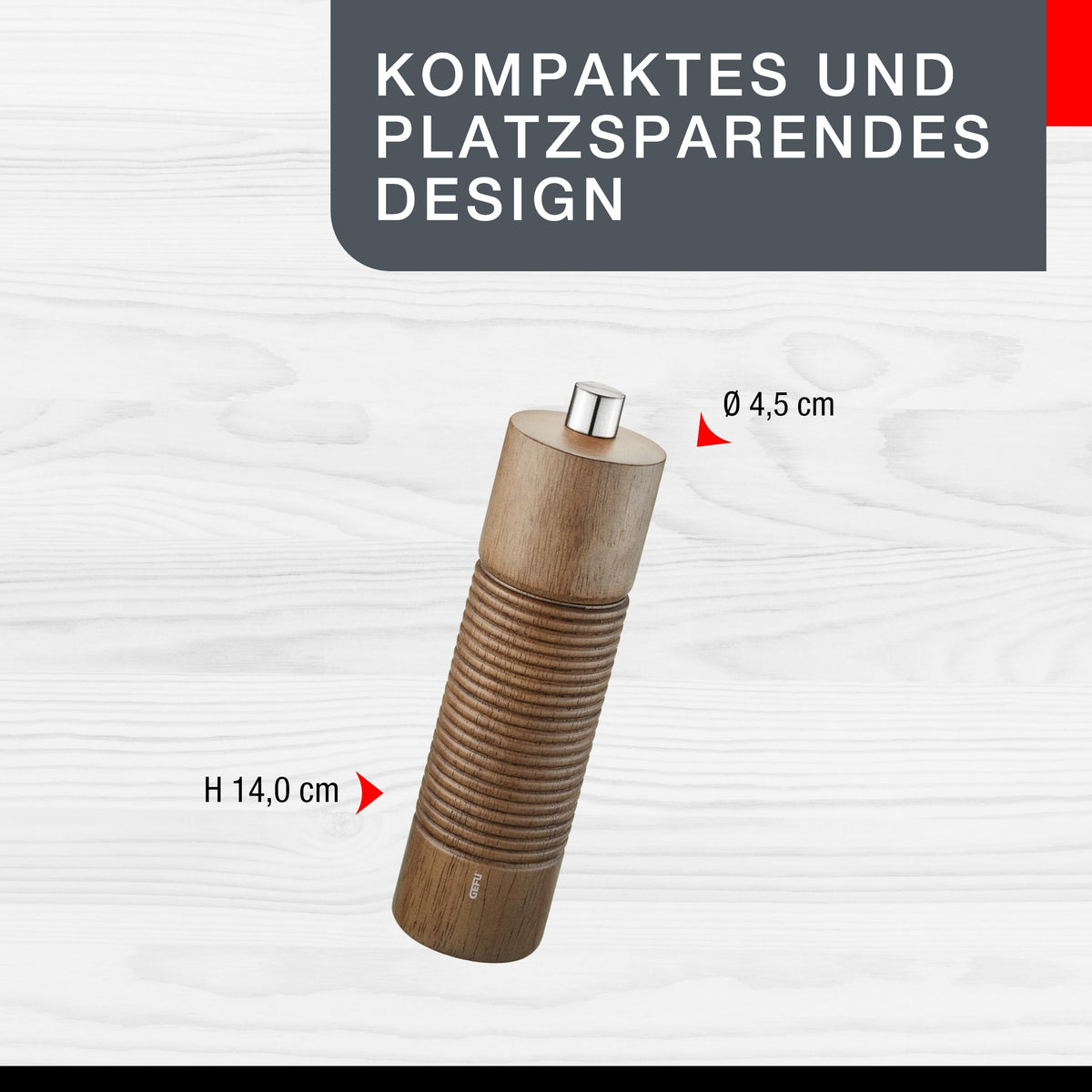 Salt or Pepper Mill by GEFU – klein, Stainless Steel, Silver, Model 34647