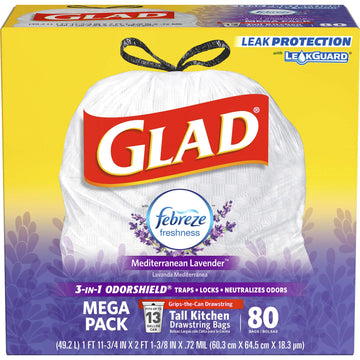 OdorShield Tall Kitchen Drawstring Trash Bags by Glad – 13 gallons, Plastic, White, Pack of 80, Model 78902