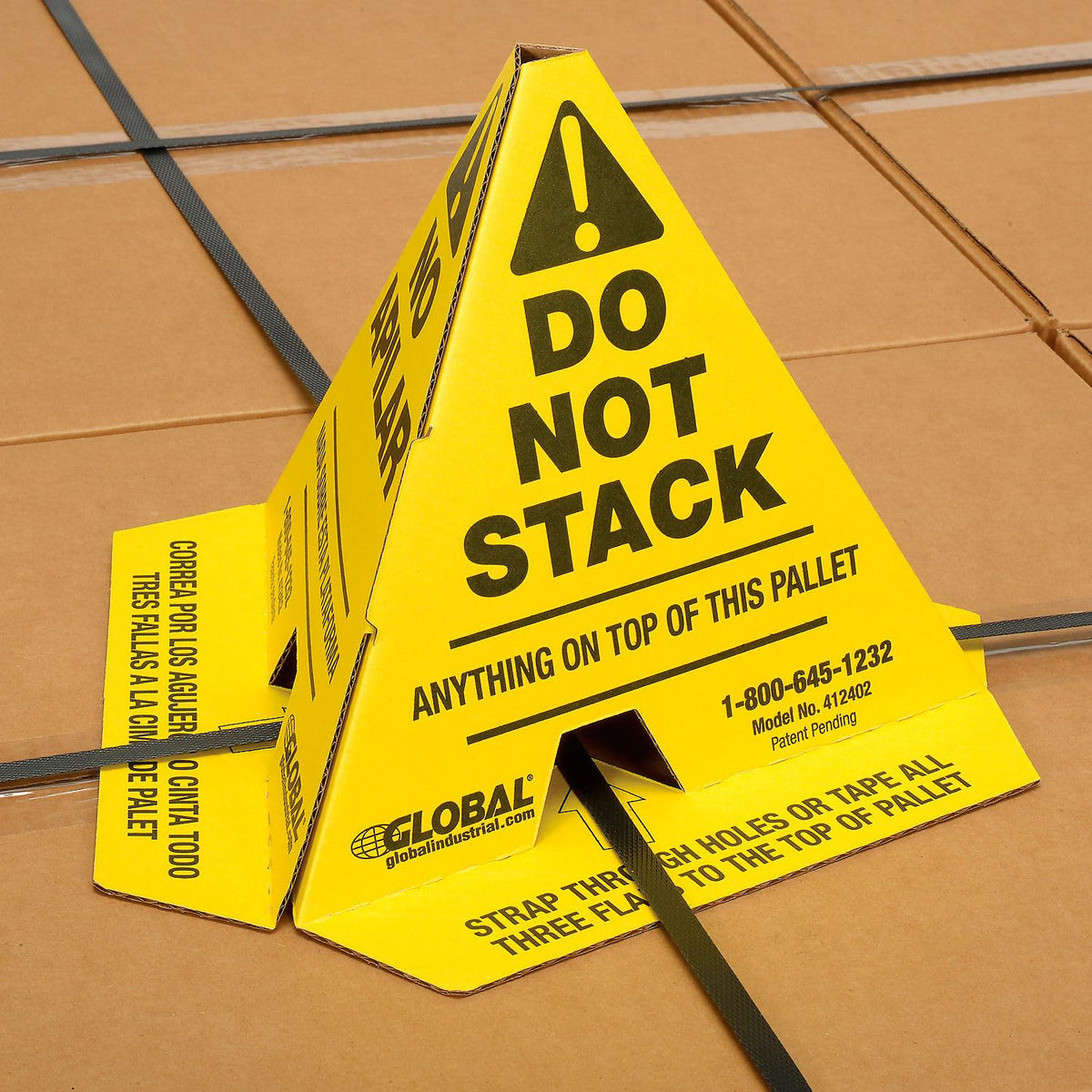 Trilingual "Do Not Stack" Printed Pallet Cones by Global Industrial – 8 x 8 x 10, Corrugated Cardboard, Yellow, Model 412402