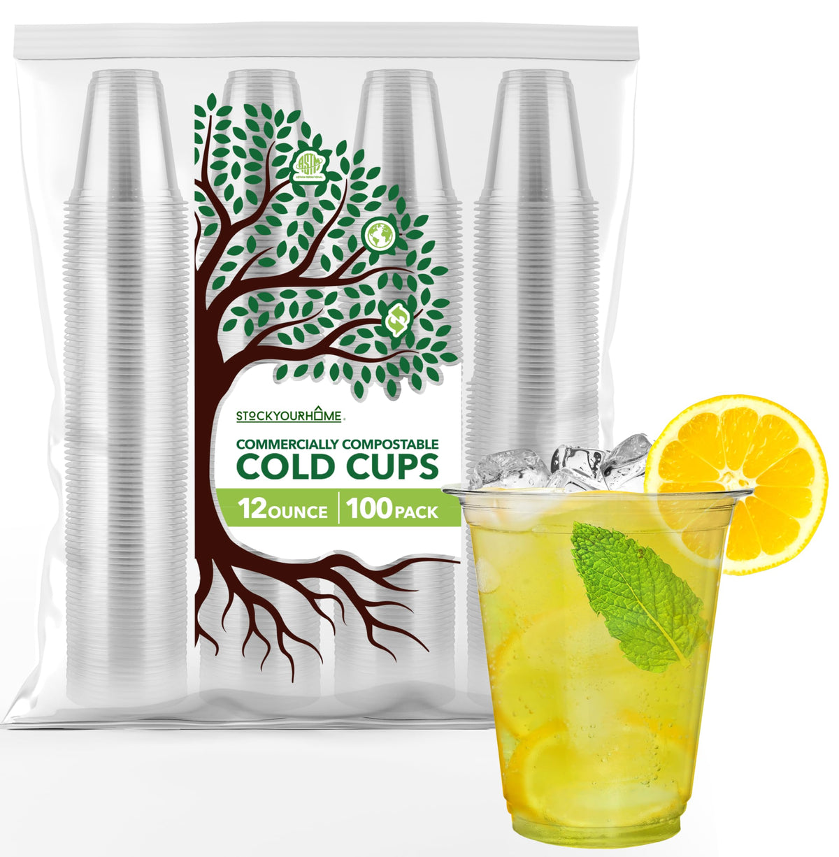 12oz Commercially Compostable Clear Cups (100 Pack) PLA Plastic Alternative Disposable Cold Drink Cups & Wine Glasses by Stock Your Home – 12 oz, 12.0 fluid_ounces, Polylactic acid
