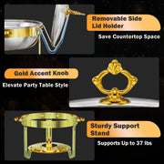 IMXSUMDA Round Chafing Dish Set, 6 Quart Capacity, 4 Pack with Glass Lids, Gold
