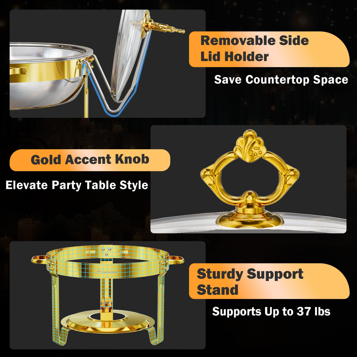 IMXSUMDA Round Chafing Dish Set, 6 Quart Capacity, 4 Pack with Glass Lids, Gold