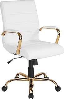 Flash Furniture Mid-Back White LeatherSoft Executive Swivel Office Chair with Gold Frame and Arms
