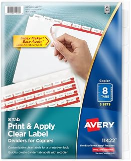 Avery 8 Tab Dividers for 3 Ring Binder,Easy Print & Apply Clear Label Strip for Copiers,Index Maker Customizable White Tabs,5 Sets (11422),(Pack of 10)