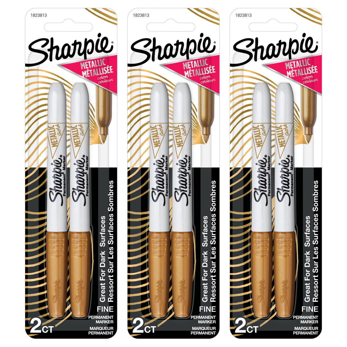 Metallic Permanent Markers by Sharpie – 1 Count (Pack of 6), Gold, Pack of 3, Model 18238132PK