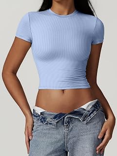 Crop Tops for Women Ribbed Crew Neck Short Sleeve Basic Tees Fitted T-Shirts Gym Workout Yoga Shirts