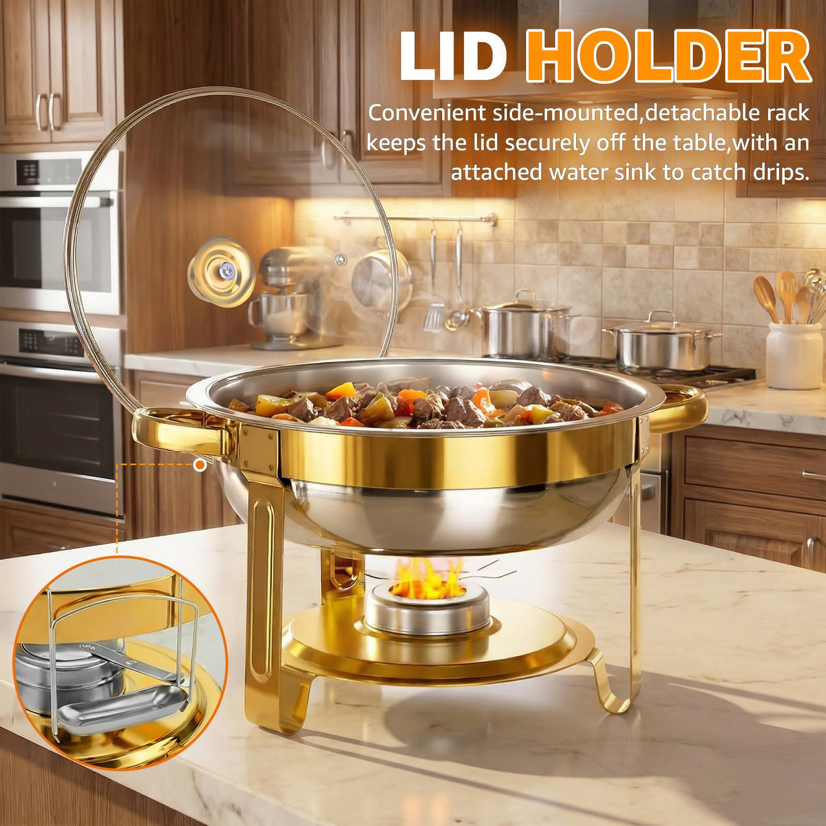 Hetorosu Round Chafing Dish Set, 5 Quart Capacity, Gold 4 Pack