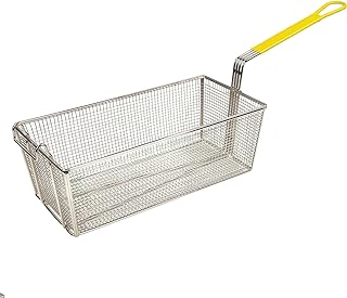 Winco 17" x 8 1/4" Yellow Reinforced mesh Fry Basket with Handle | Heavy-duty basket, Front or support hook, For deep-frying, lifting and draining fries, seafood and appetizers