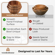 Woodenhouse Wooden Salad Bowl Set, 12 10 8 Inch Round Nesting Bowls, 3 Piece